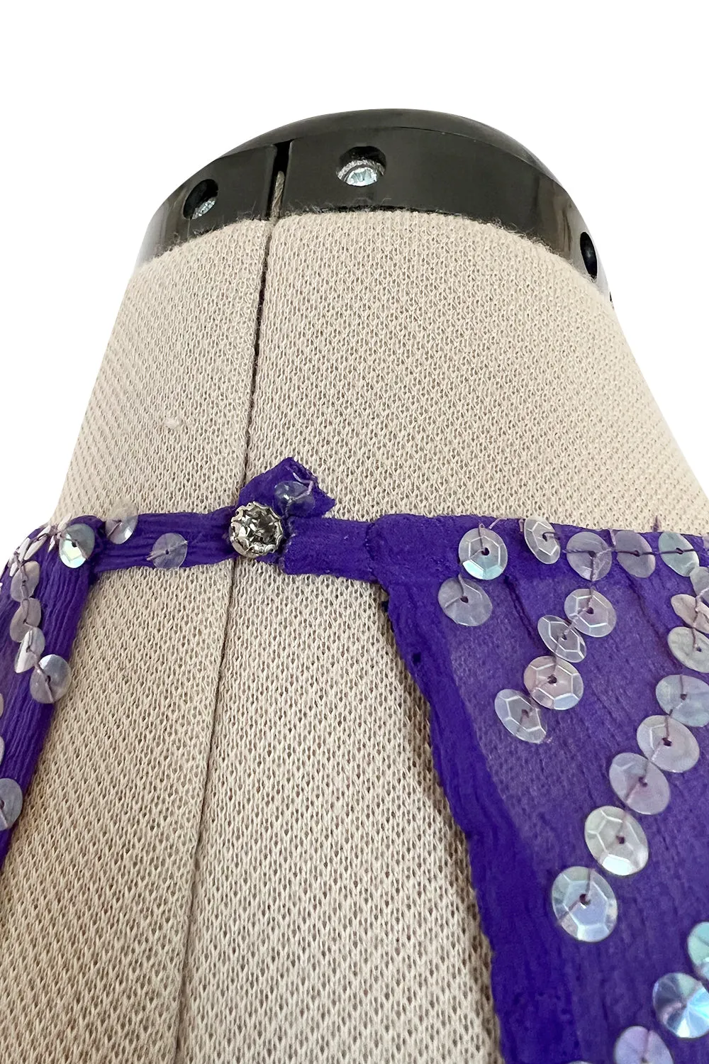 Incredible Late 1970s Halston Purple Transparent Silk Chiffon Dress w Iridescent Sequins