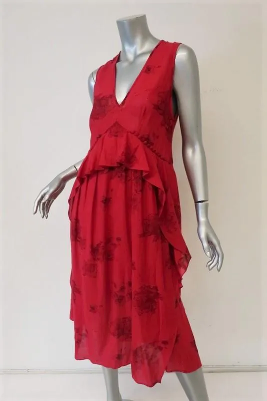 IRO Midi Dress Favril Red Floral Print Ruffled Gauze Size 38 Sleeveless V-Neck