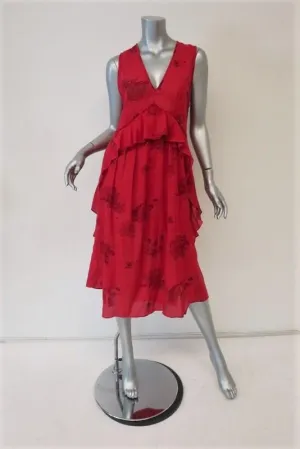 IRO Midi Dress Favril Red Floral Print Ruffled Gauze Size 38 Sleeveless V-Neck
