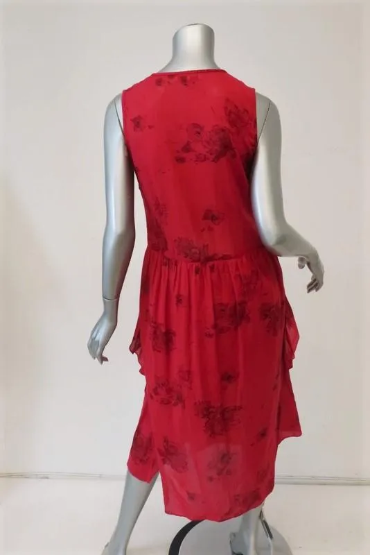 IRO Midi Dress Favril Red Floral Print Ruffled Gauze Size 38 Sleeveless V-Neck