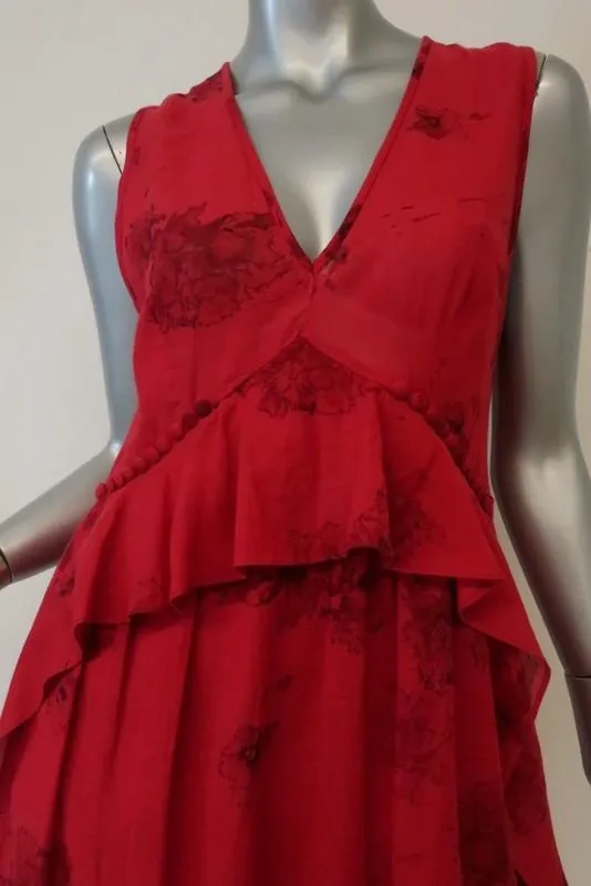 IRO Midi Dress Favril Red Floral Print Ruffled Gauze Size 38 Sleeveless V-Neck