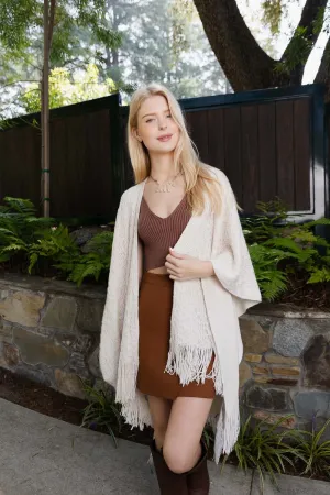 Ivory Beige Cozy Embroidered Tasseled Wrap