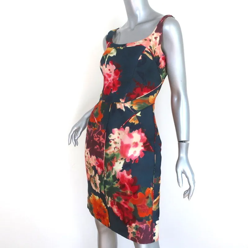J. Mendel Dress Navy Floral Print Silk-Wool Gazar Size 4 Sleeveless Sheath