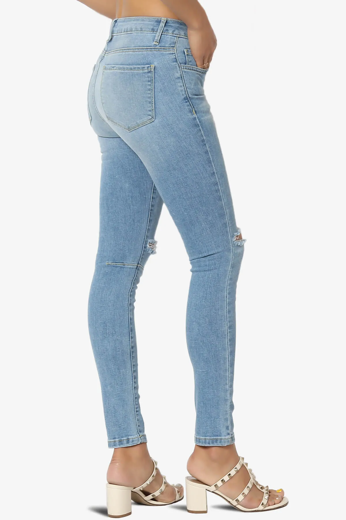 Jigott Distressed Knee Dart Washed Skinny Jeans in Light Blue