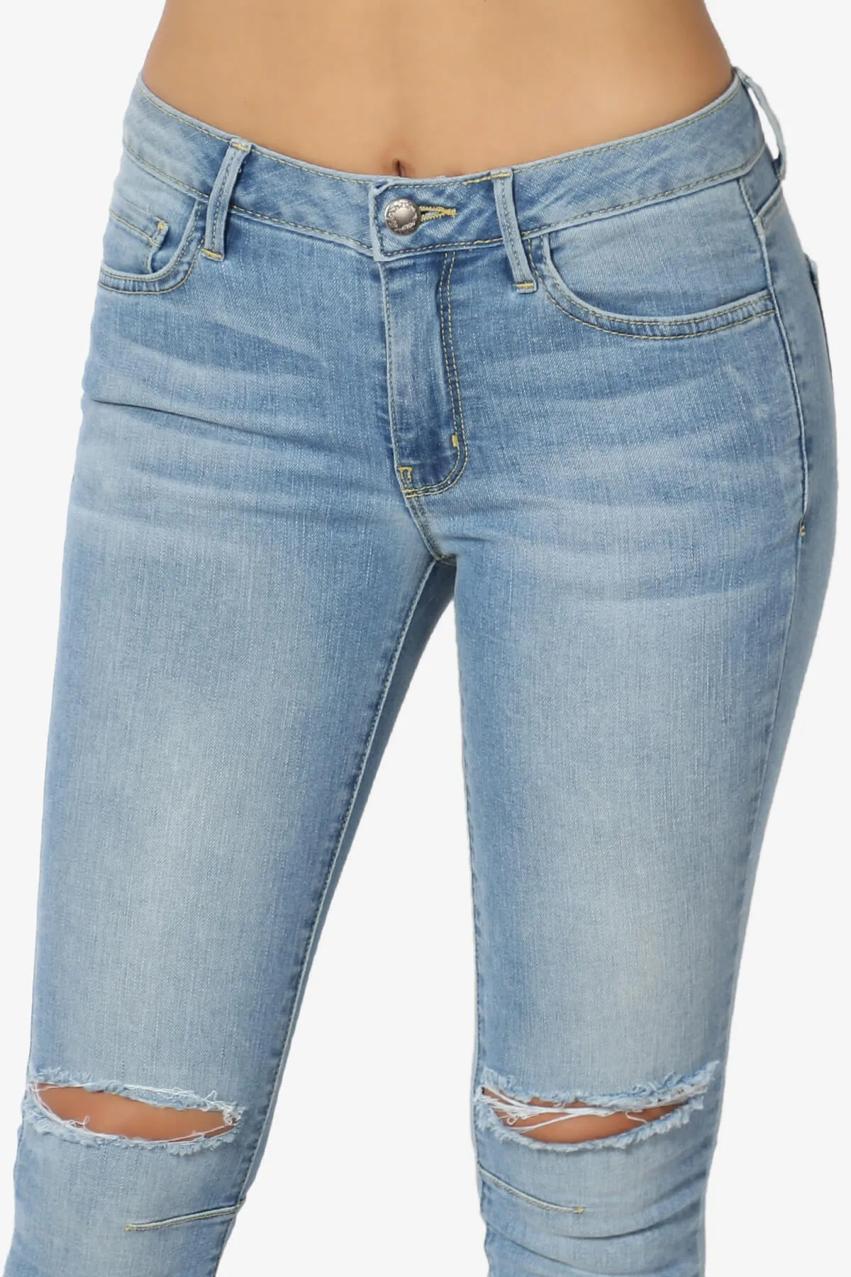 Jigott Distressed Knee Dart Washed Skinny Jeans in Light Blue