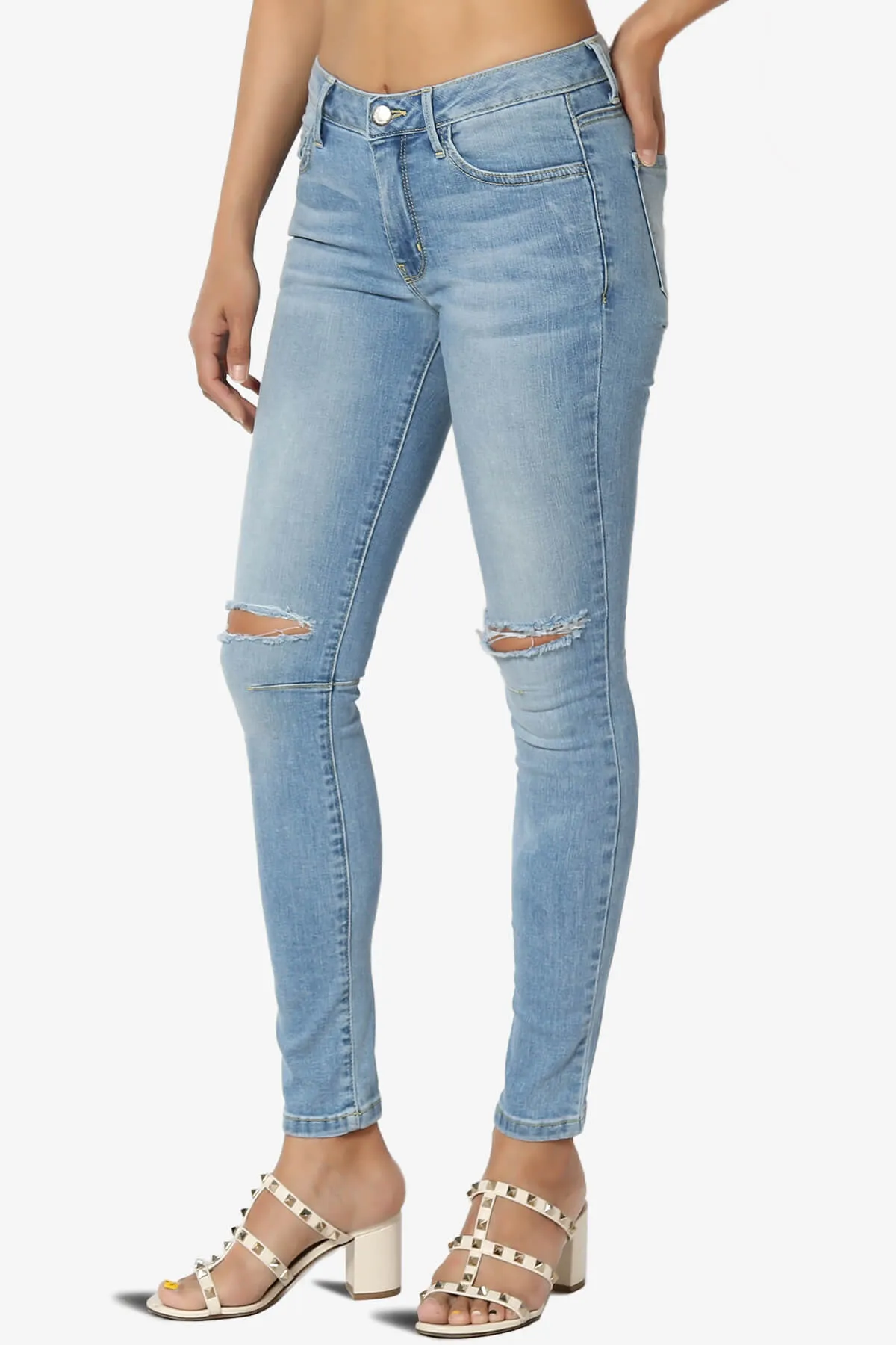 Jigott Distressed Knee Dart Washed Skinny Jeans in Light Blue