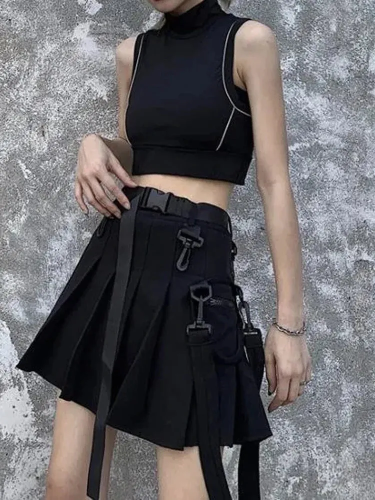 JK Skirt Japanese Style Black Cargo Pleated Skirt Harajuku Alt Tooling Short Skater Women Techwear Gothic Pockets Uniform Skirts