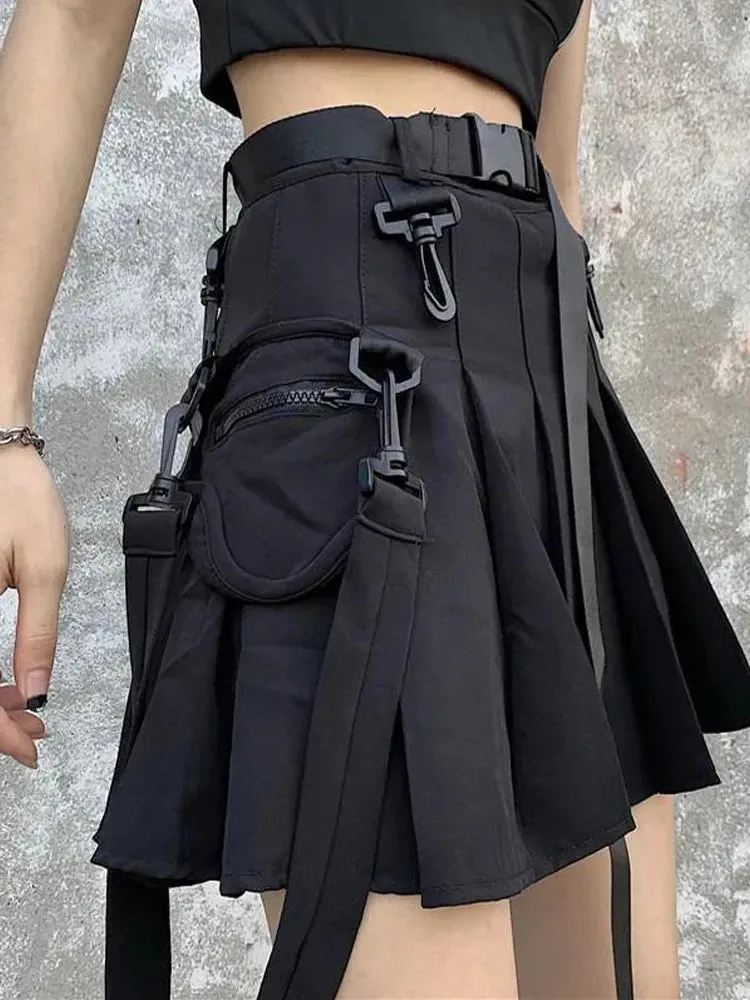 JK Skirt Japanese Style Black Cargo Pleated Skirt Harajuku Alt Tooling Short Skater Women Techwear Gothic Pockets Uniform Skirts