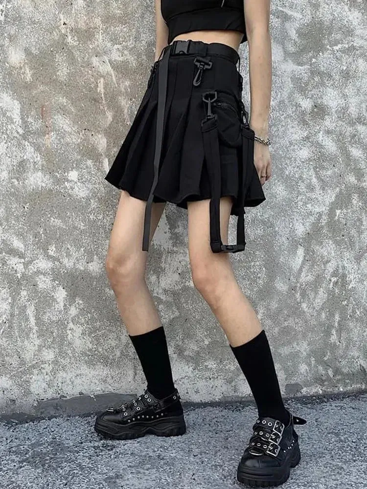 JK Skirt Japanese Style Black Cargo Pleated Skirt Harajuku Alt Tooling Short Skater Women Techwear Gothic Pockets Uniform Skirts