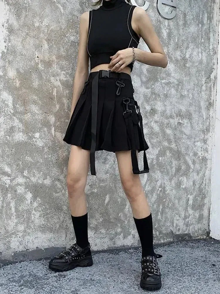 JK Skirt Japanese Style Black Cargo Pleated Skirt Harajuku Alt Tooling Short Skater Women Techwear Gothic Pockets Uniform Skirts