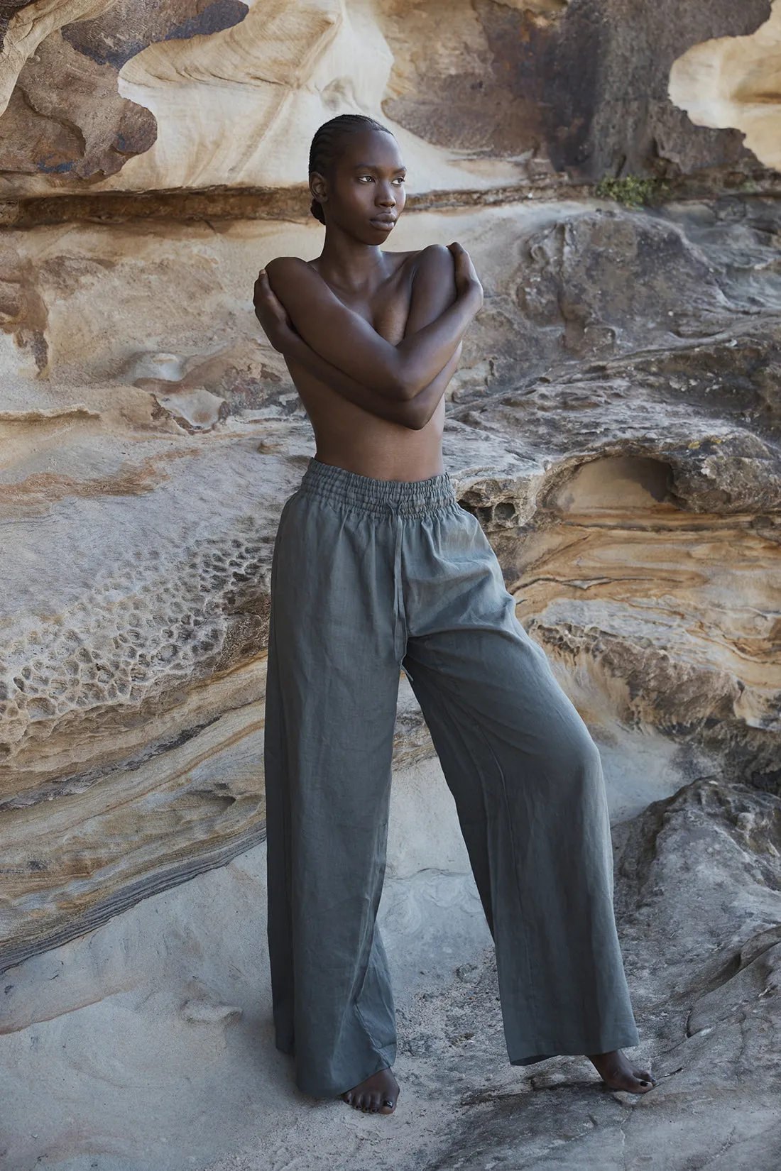 Jonathan Wide Leg Linen Pant Smoke