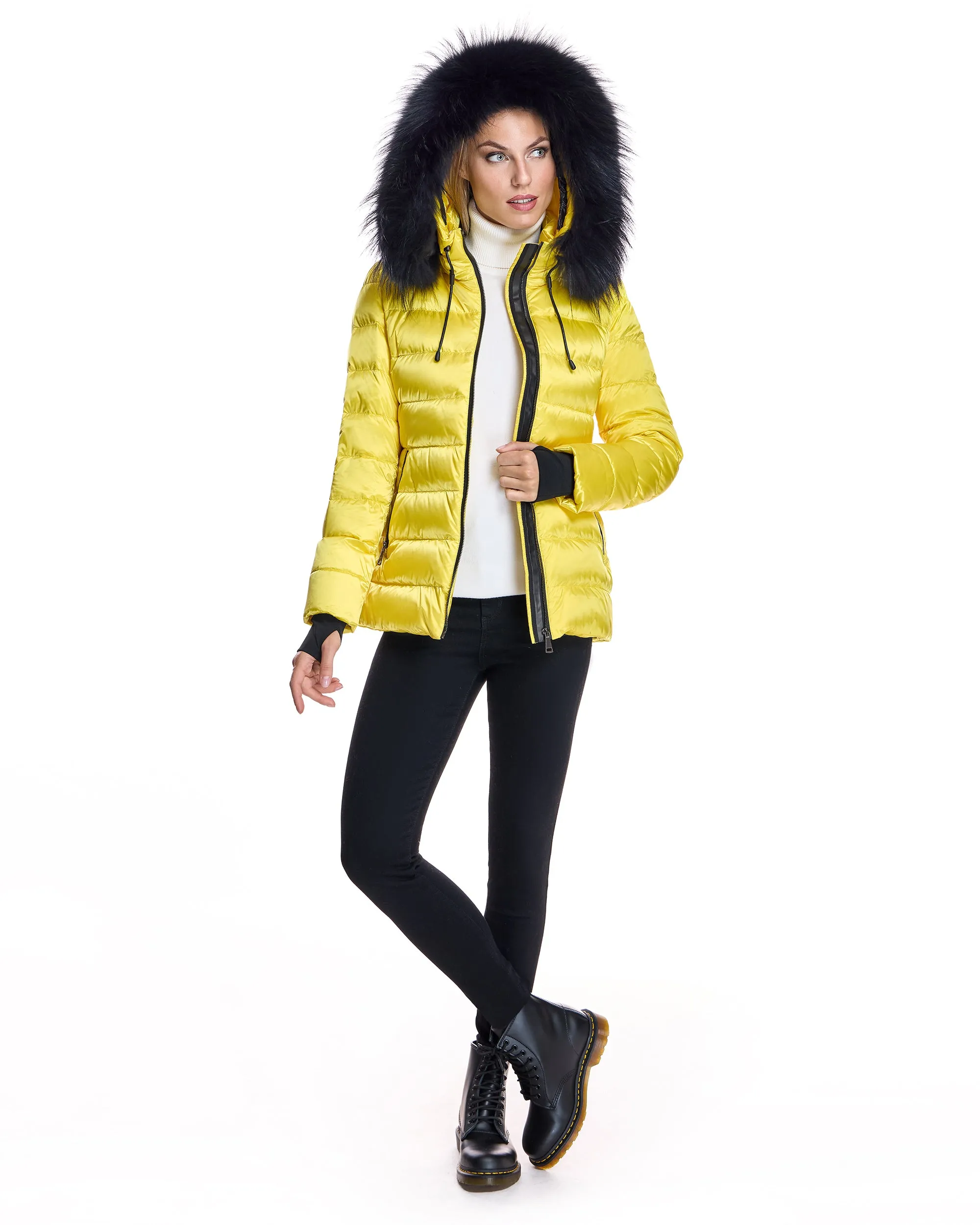 Julia & Stella Nylon Puffer Jacket with Raccoon Trimmed Hood