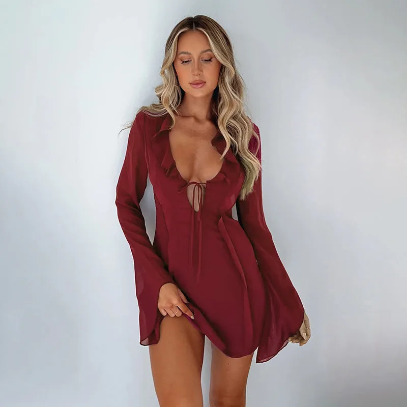 JY23442Autumn New Hip Skirt Hot Girl Style Sexy Slim Fit Ruffled Long Sleeve Tied Dress for Women