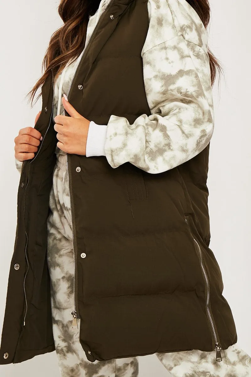Khaki Side Zip Long Sleeveless Puffer Coat - Priyah