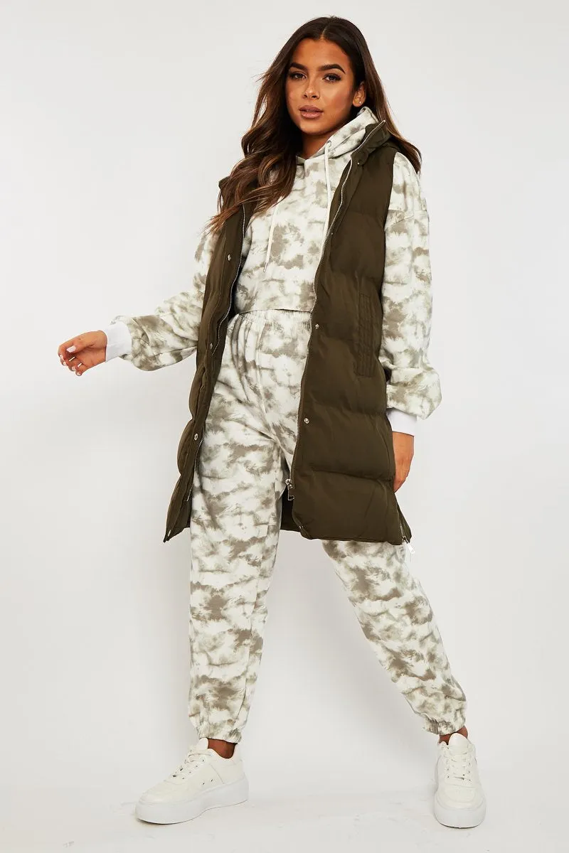 Khaki Side Zip Long Sleeveless Puffer Coat - Priyah