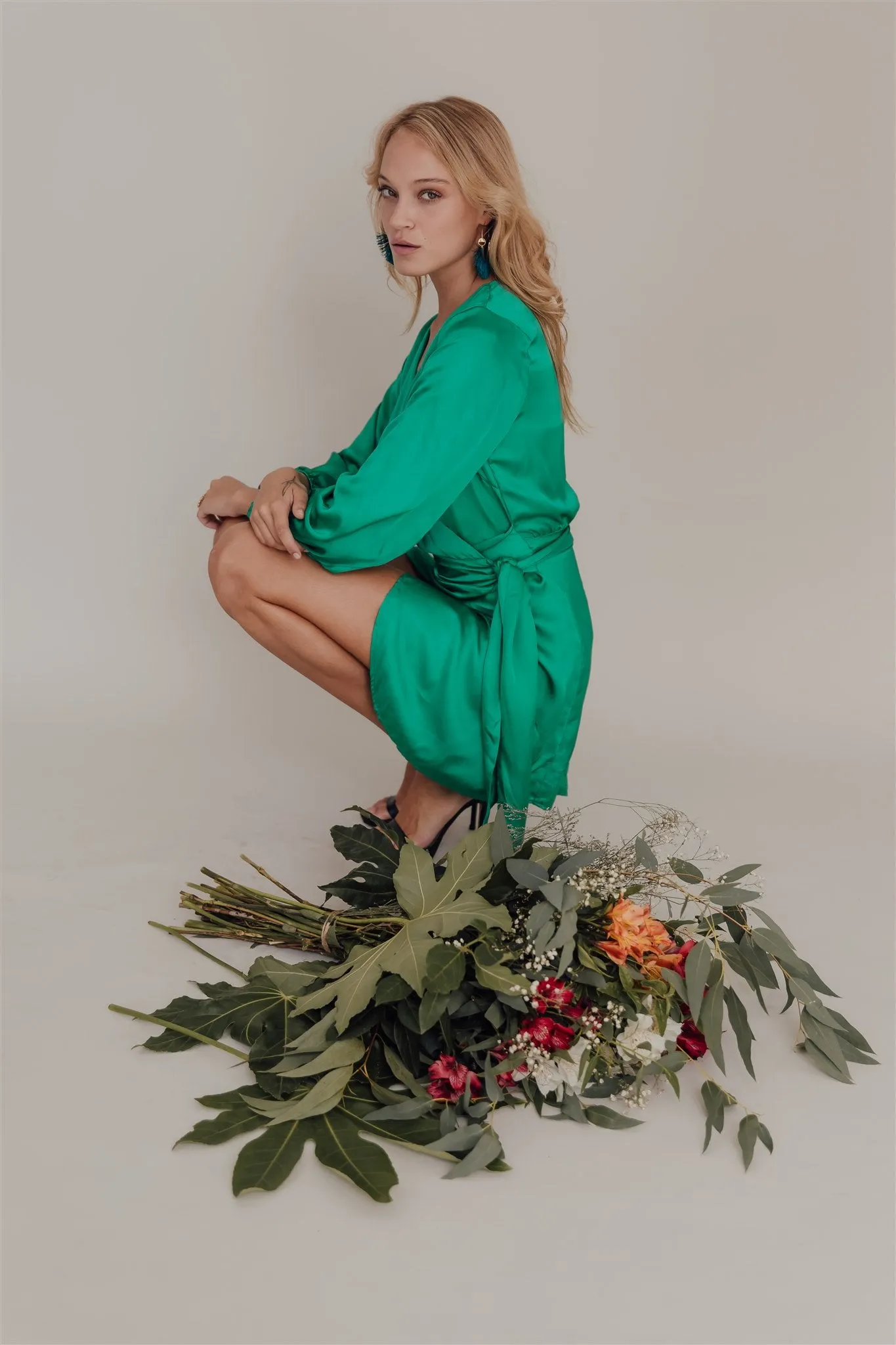 Kirana Satin Wrap Short Dress Emerald