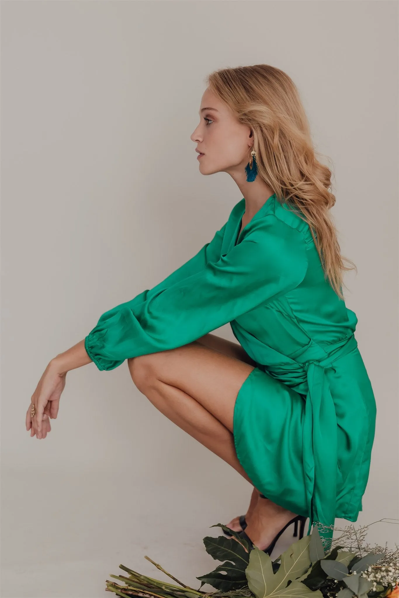 Kirana Satin Wrap Short Dress Emerald