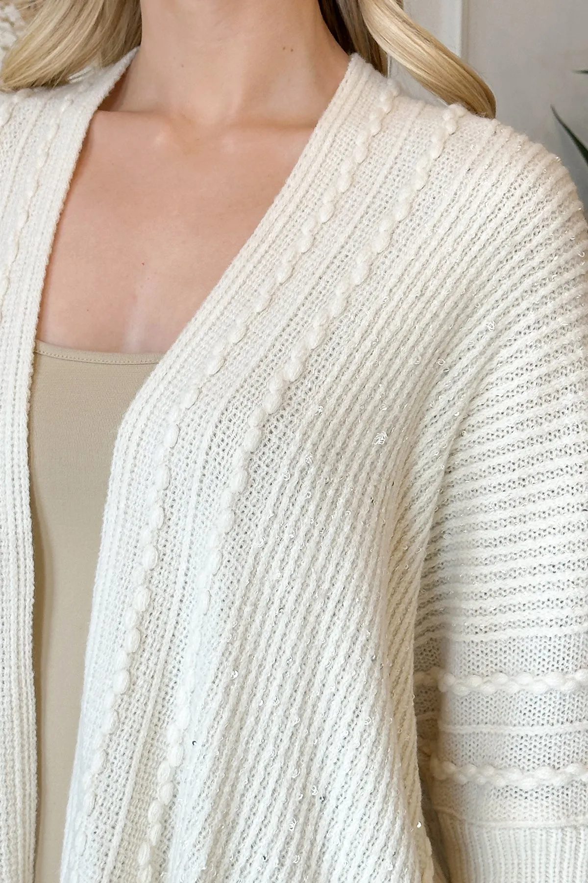 KNITTED LONG SLEEVE TEXTURED LINE PATTERN CARDIGAN