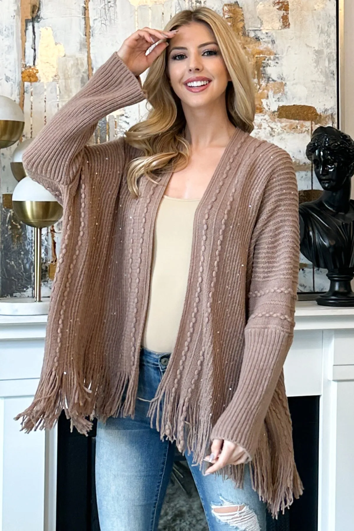 KNITTED LONG SLEEVE TEXTURED LINE PATTERN CARDIGAN