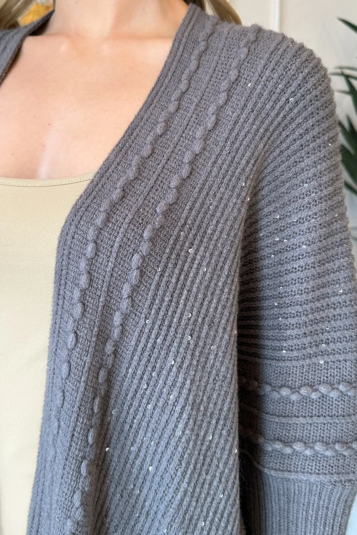 KNITTED LONG SLEEVE TEXTURED LINE PATTERN CARDIGAN