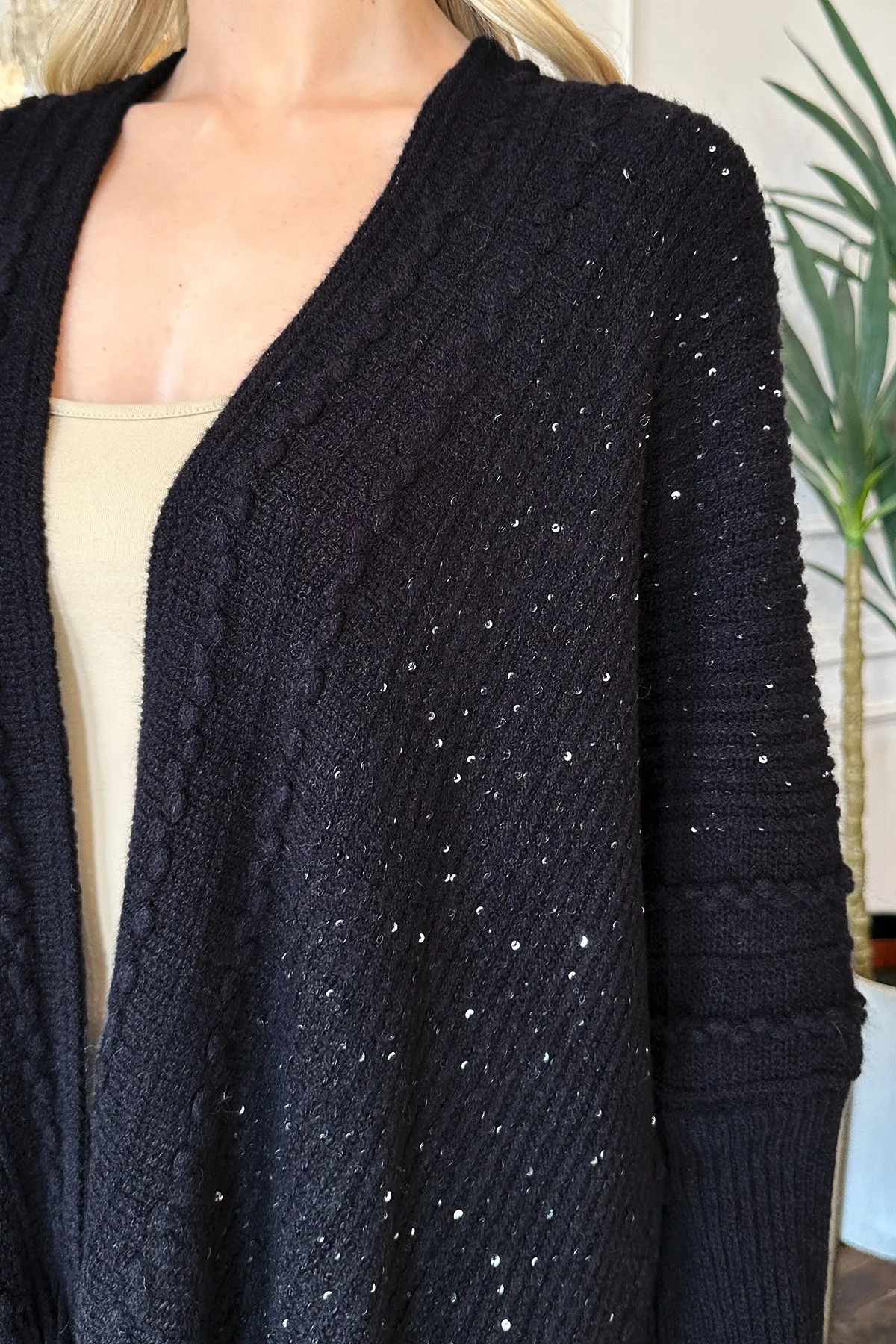 KNITTED LONG SLEEVE TEXTURED LINE PATTERN CARDIGAN