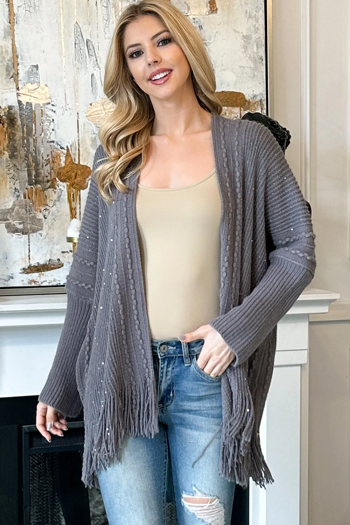 KNITTED LONG SLEEVE TEXTURED LINE PATTERN CARDIGAN