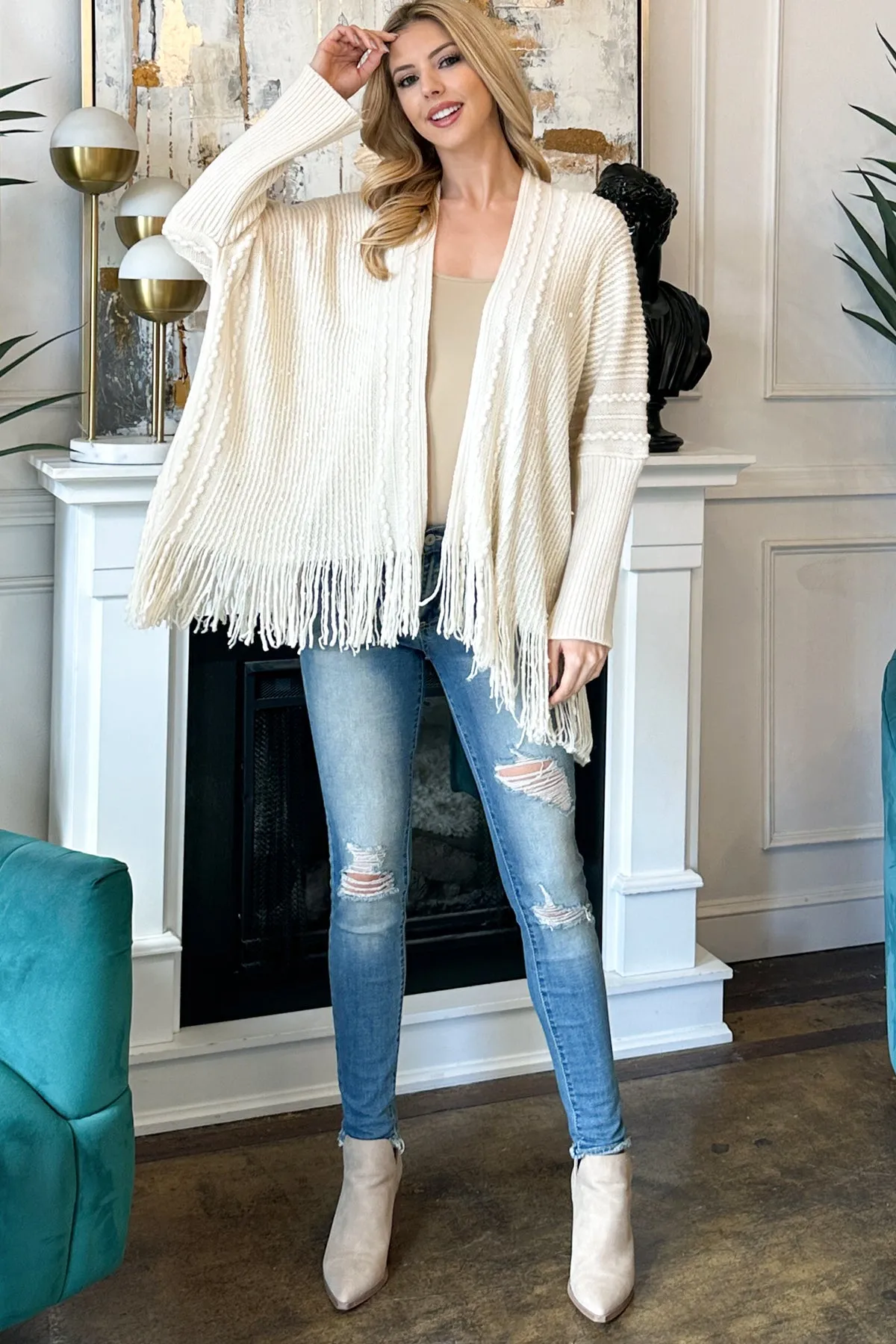 KNITTED LONG SLEEVE TEXTURED LINE PATTERN CARDIGAN