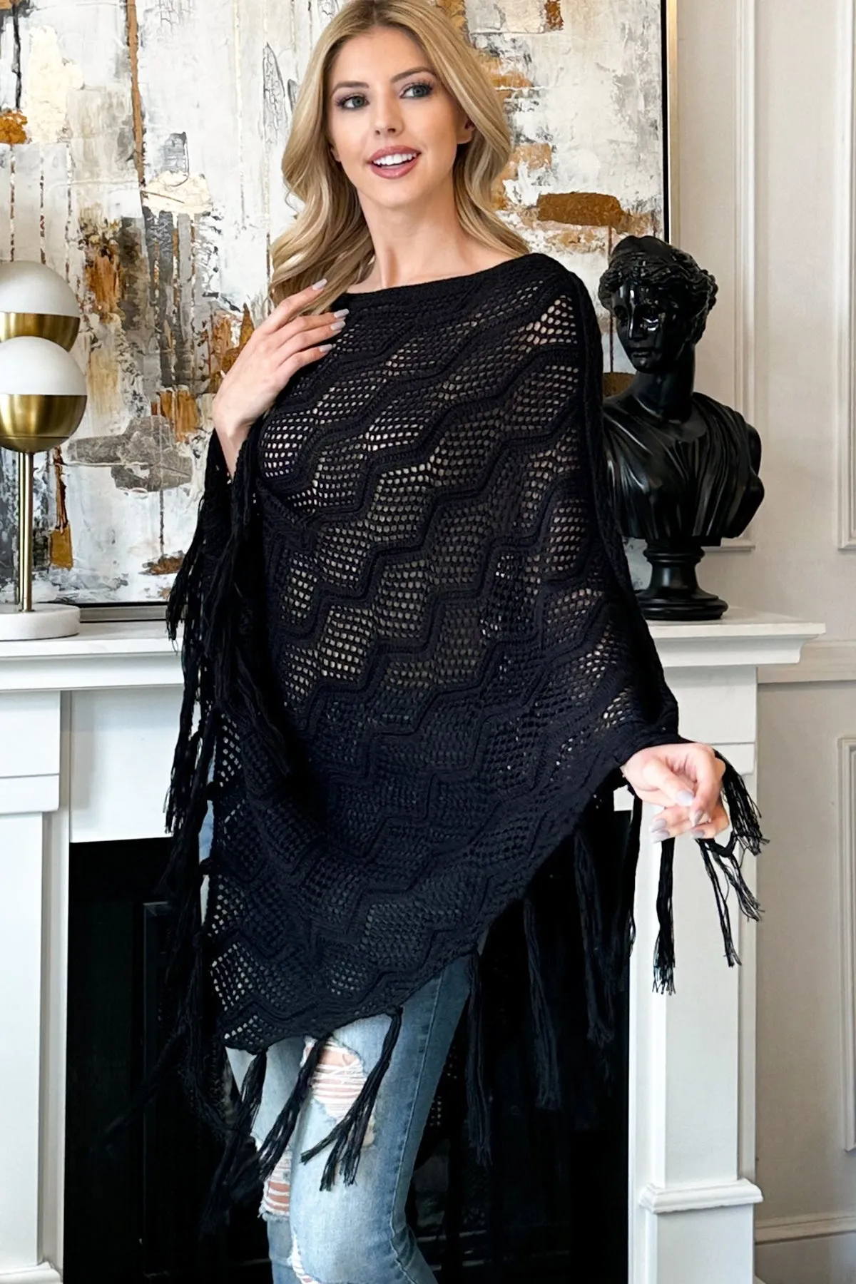 KNITTED NET WAVE PATTERN FRINGE TASSEL POCHO