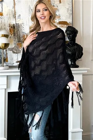 KNITTED NET WAVE PATTERN FRINGE TASSEL POCHO