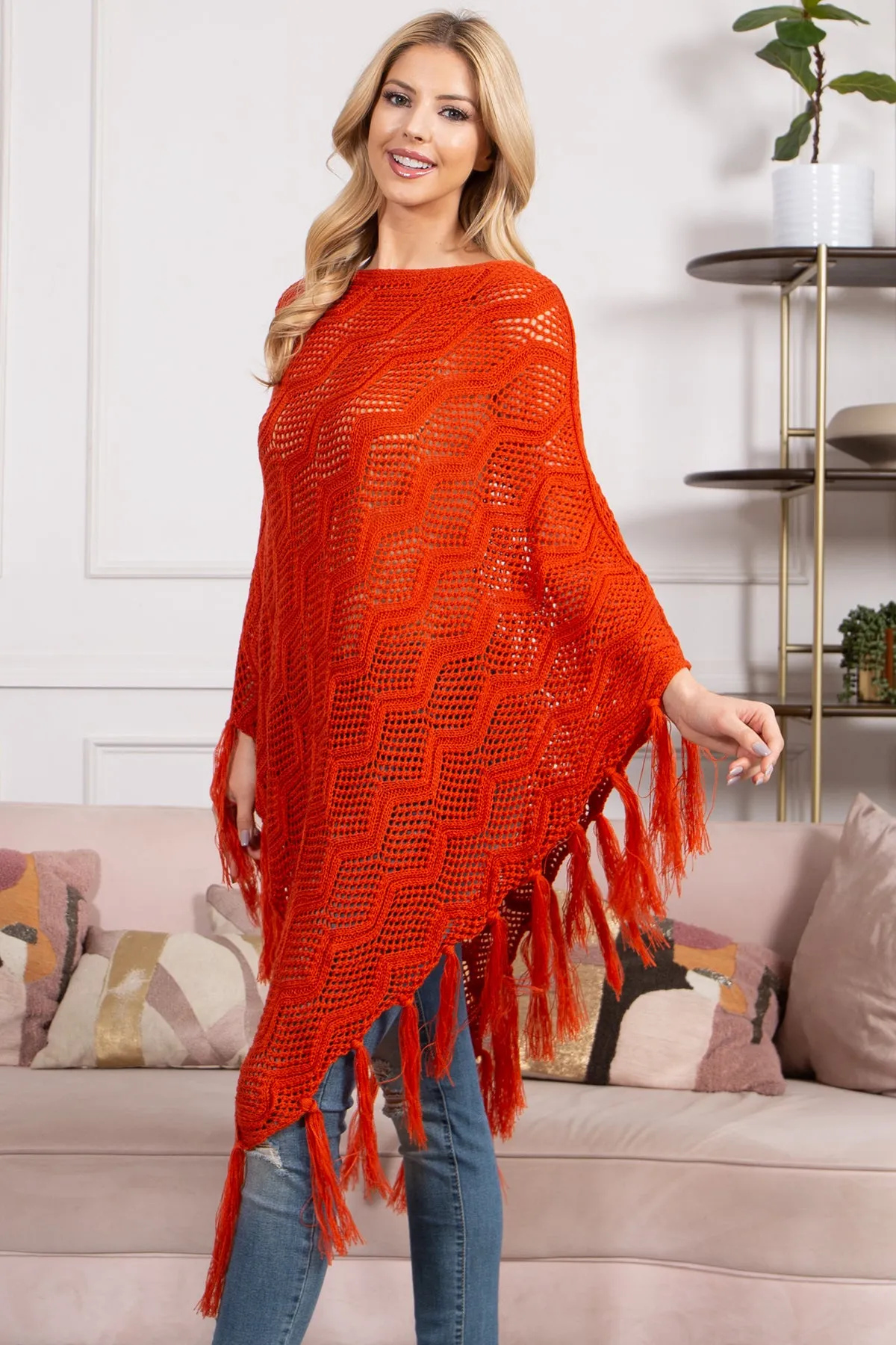 KNITTED NET WAVE PATTERN FRINGE TASSEL PONCHO