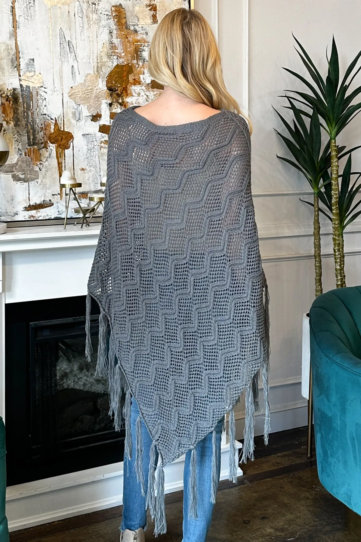 KNITTED NET WAVE PATTERN FRINGE TASSEL PONCHO