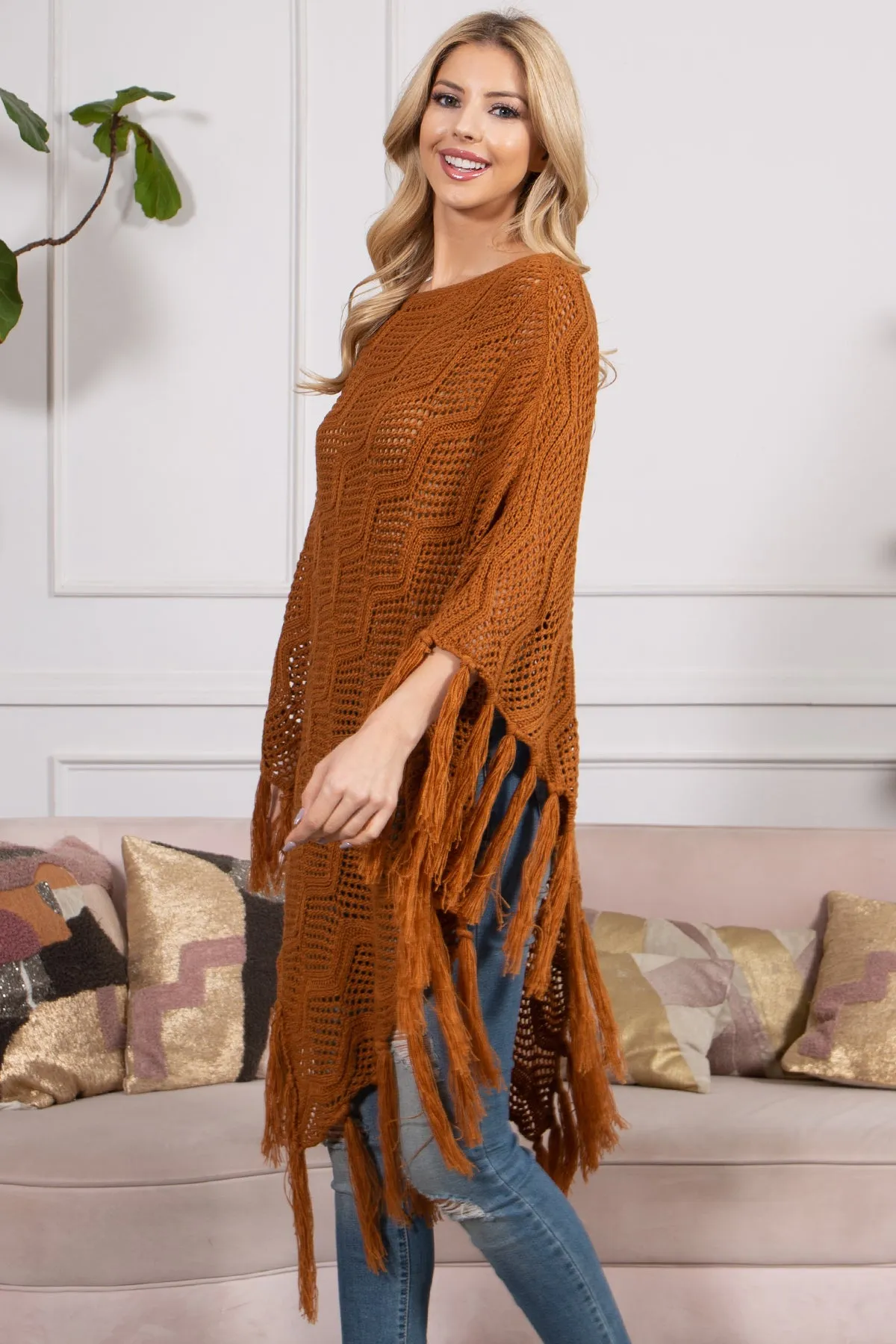 KNITTED NET WAVE PATTERN FRINGE TASSEL PONCHO