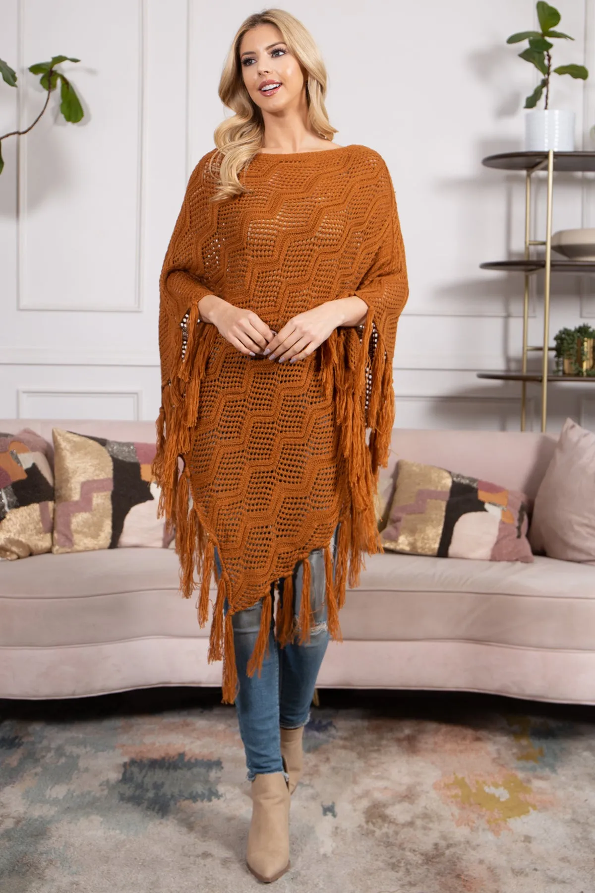 KNITTED NET WAVE PATTERN FRINGE TASSEL PONCHO
