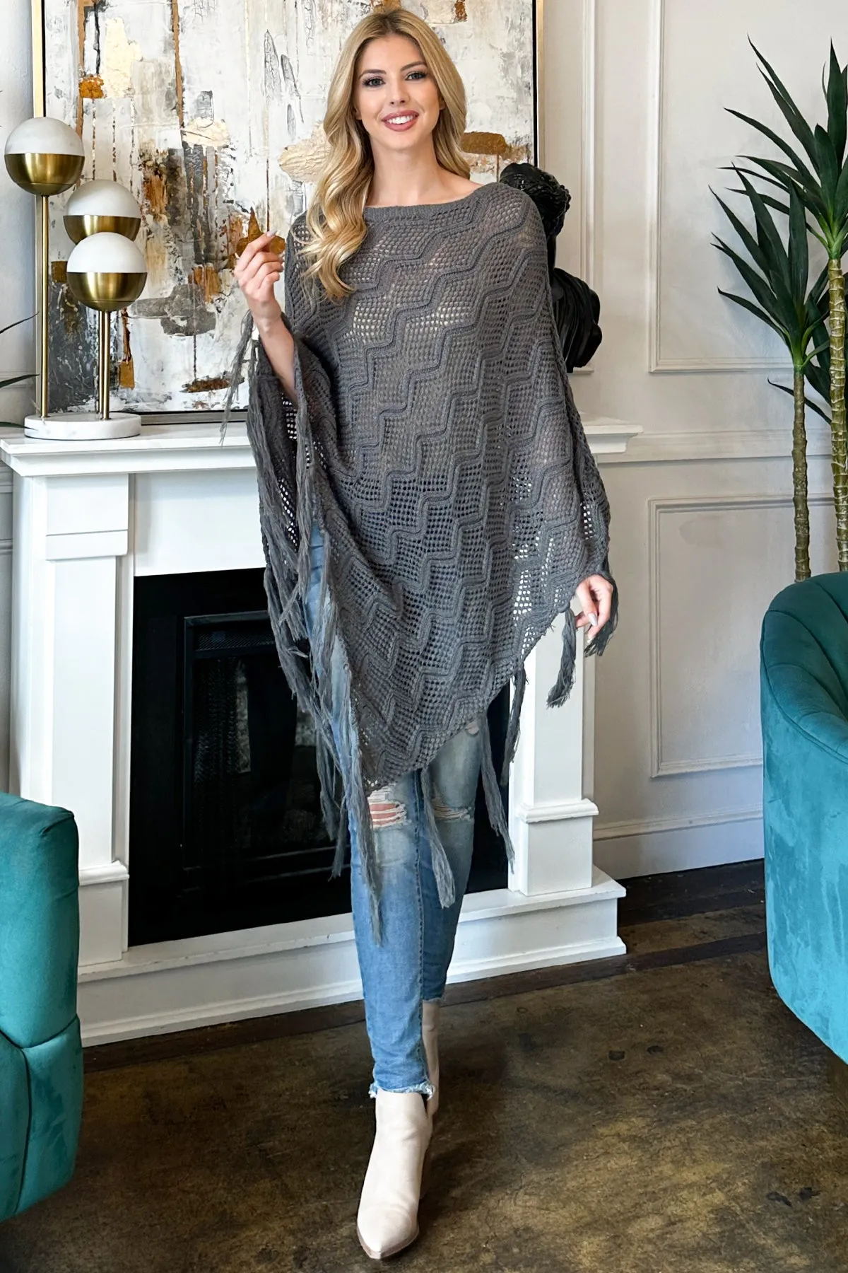 KNITTED NET WAVE PATTERN FRINGE TASSEL PONCHO