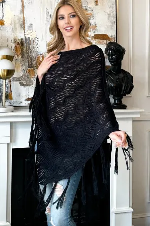 KNITTED NET WAVE PATTERN FRINGE TASSEL PONCHO