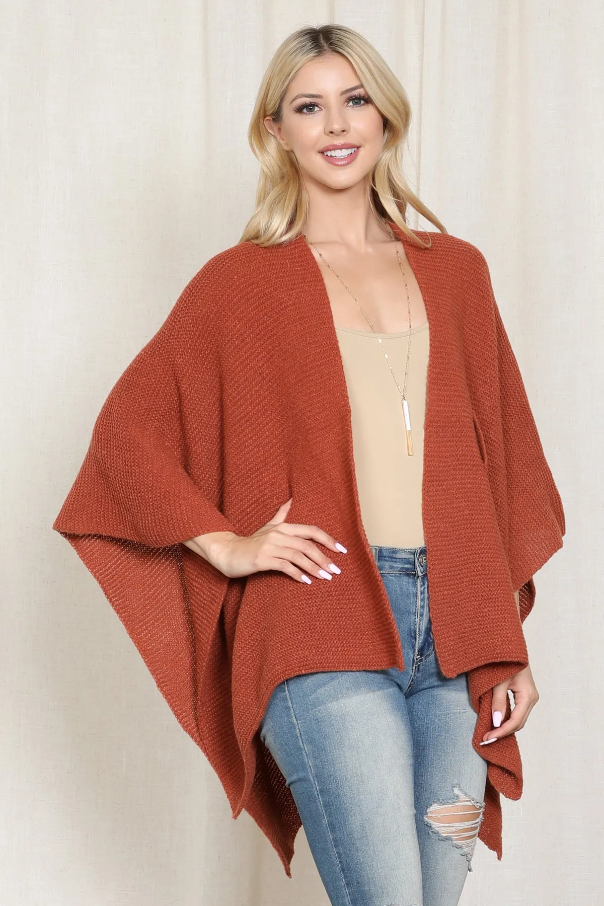 KNITTED SOLID COLOR INTERLOCK WRAP KIMONO