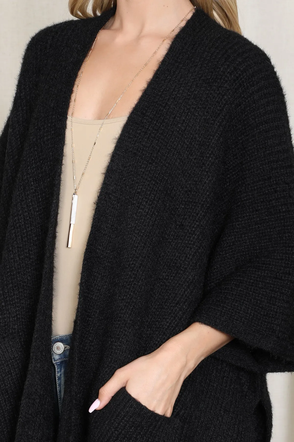 KNITTED SOLID COLOR WITH POCKET KIMONO