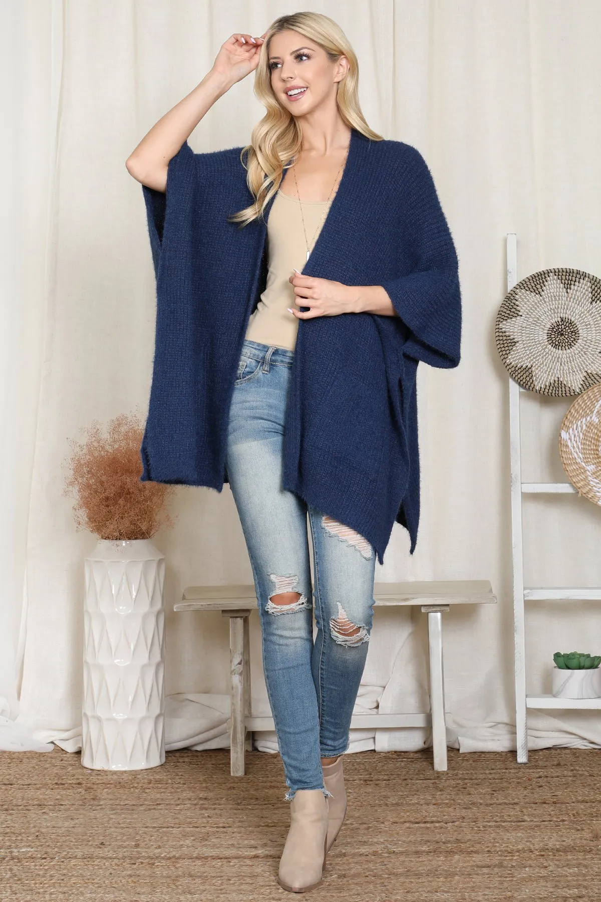 KNITTED SOLID COLOR WITH POCKET KIMONO
