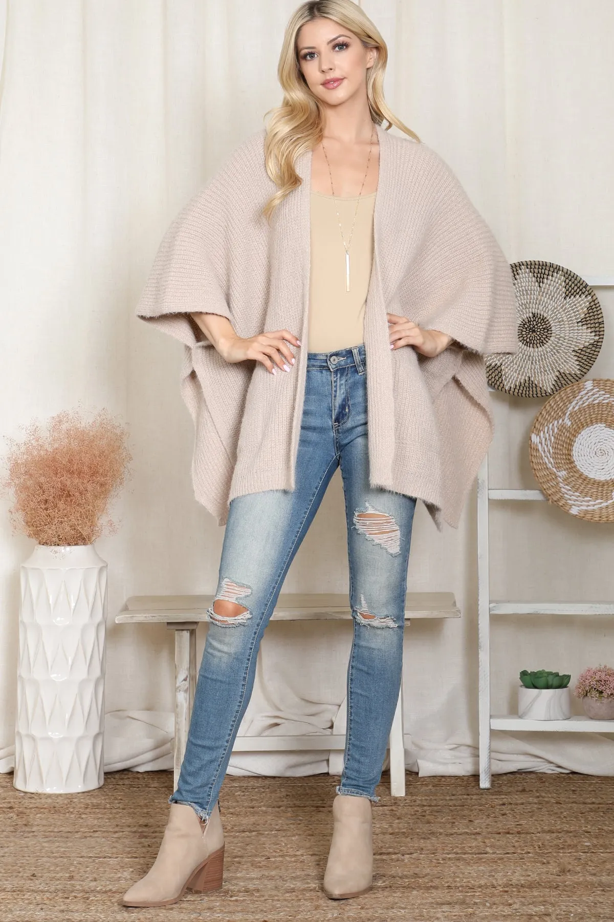 KNITTED SOLID COLOR WITH POCKET KIMONO