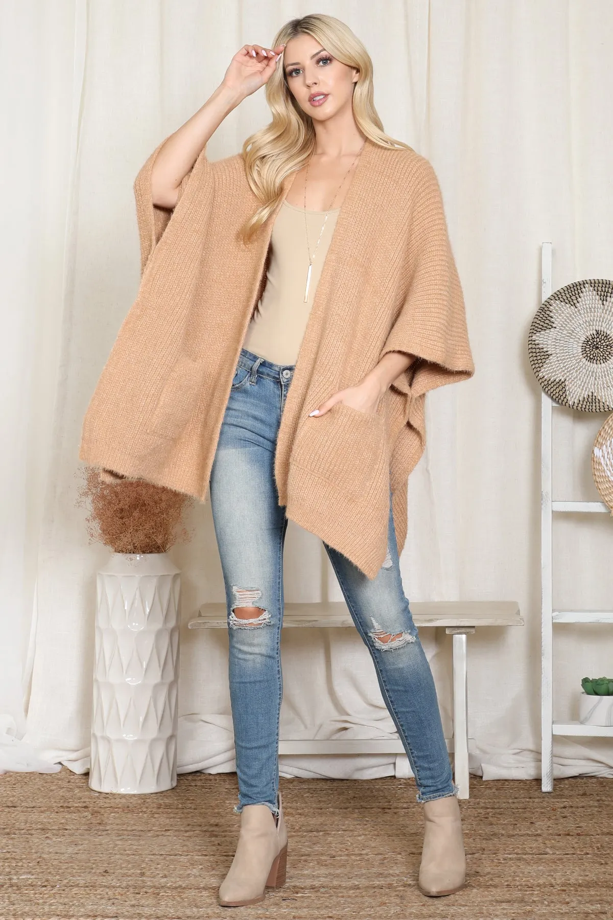 KNITTED SOLID COLOR WITH POCKET KIMONO