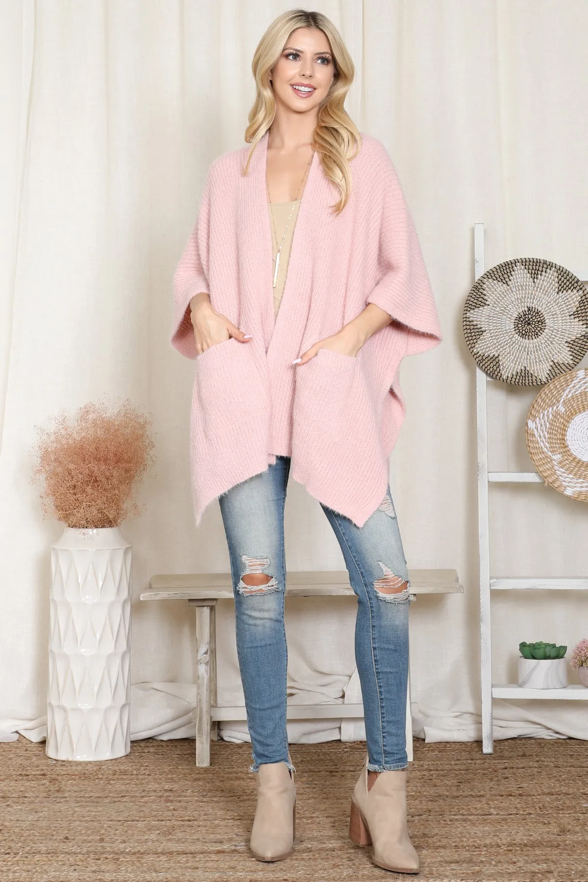 KNITTED SOLID COLOR WITH POCKET KIMONO