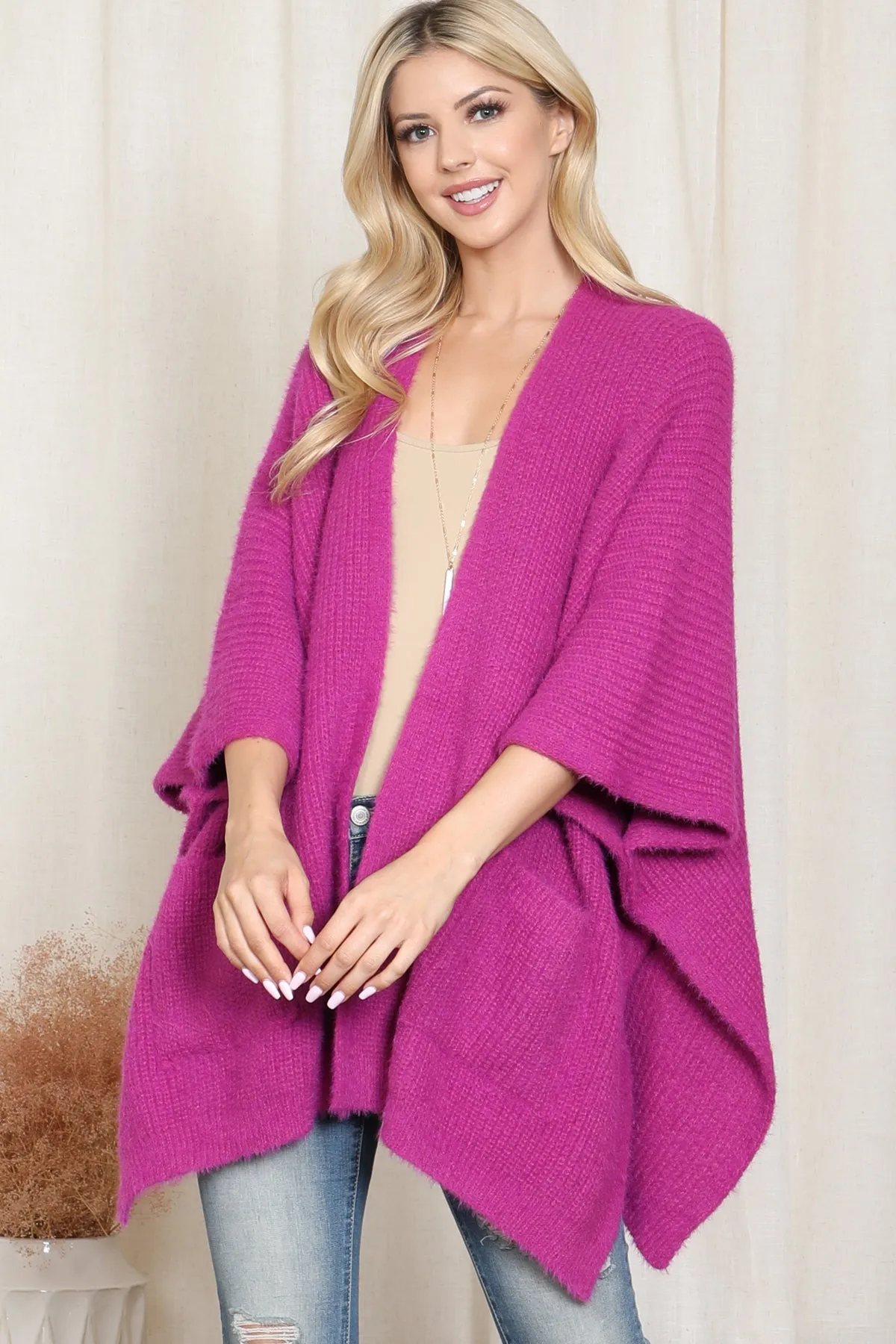 KNITTED SOLID COLOR WITH POCKET KIMONO