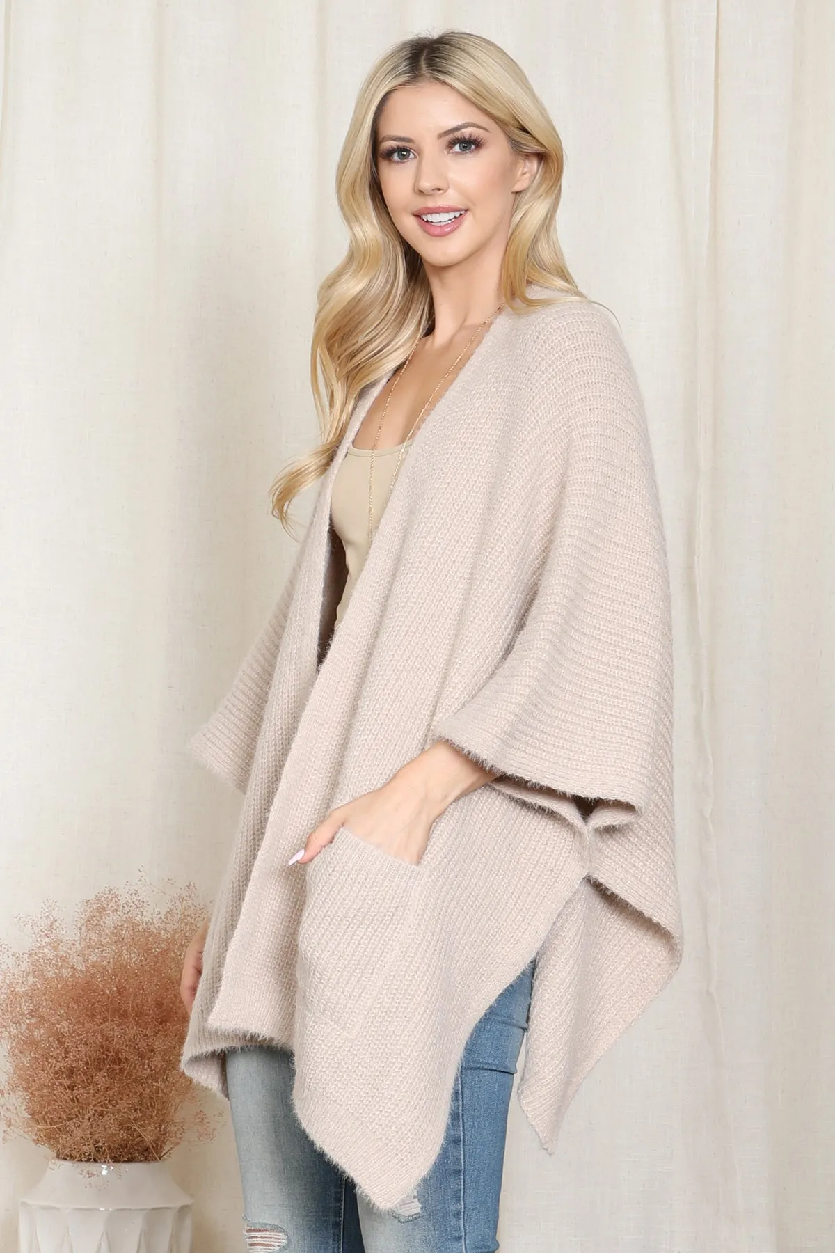 KNITTED SOLID COLOR WITH POCKET KIMONO