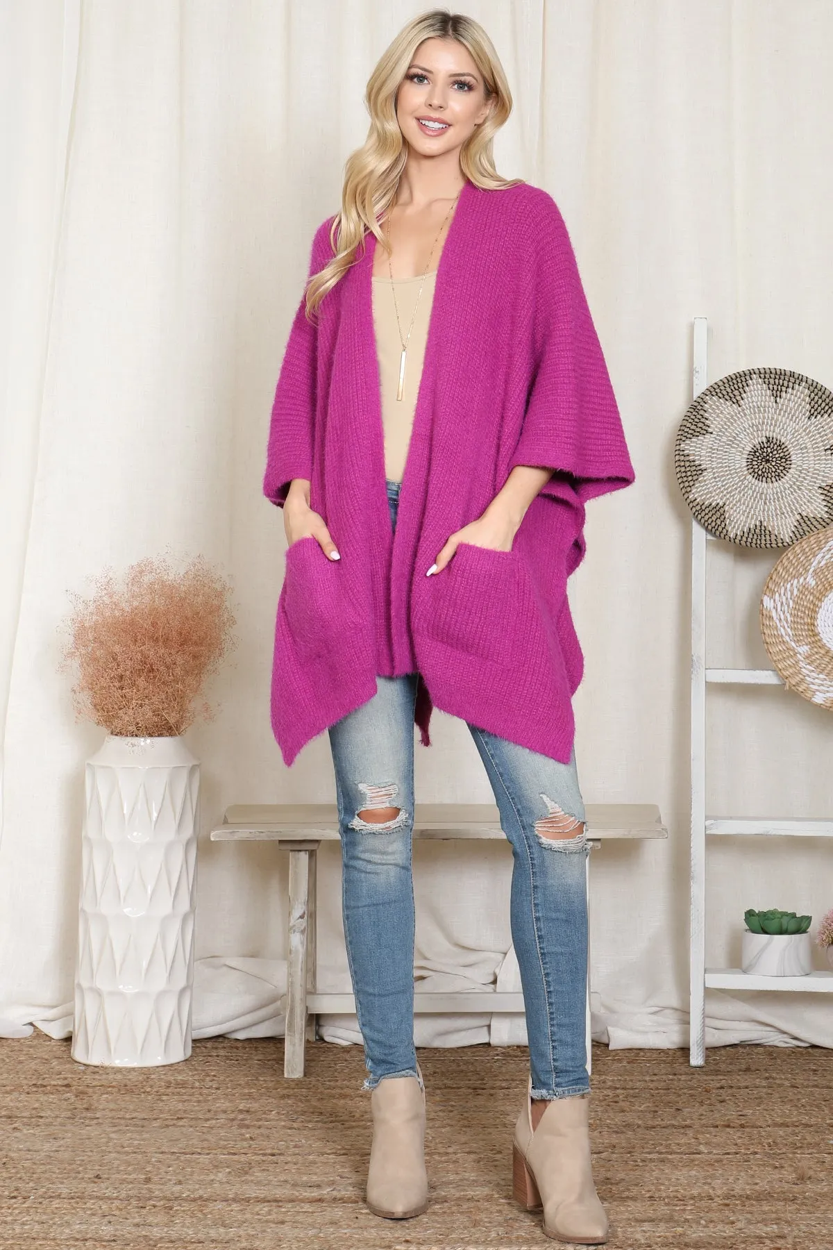 KNITTED SOLID COLOR WITH POCKET KIMONO