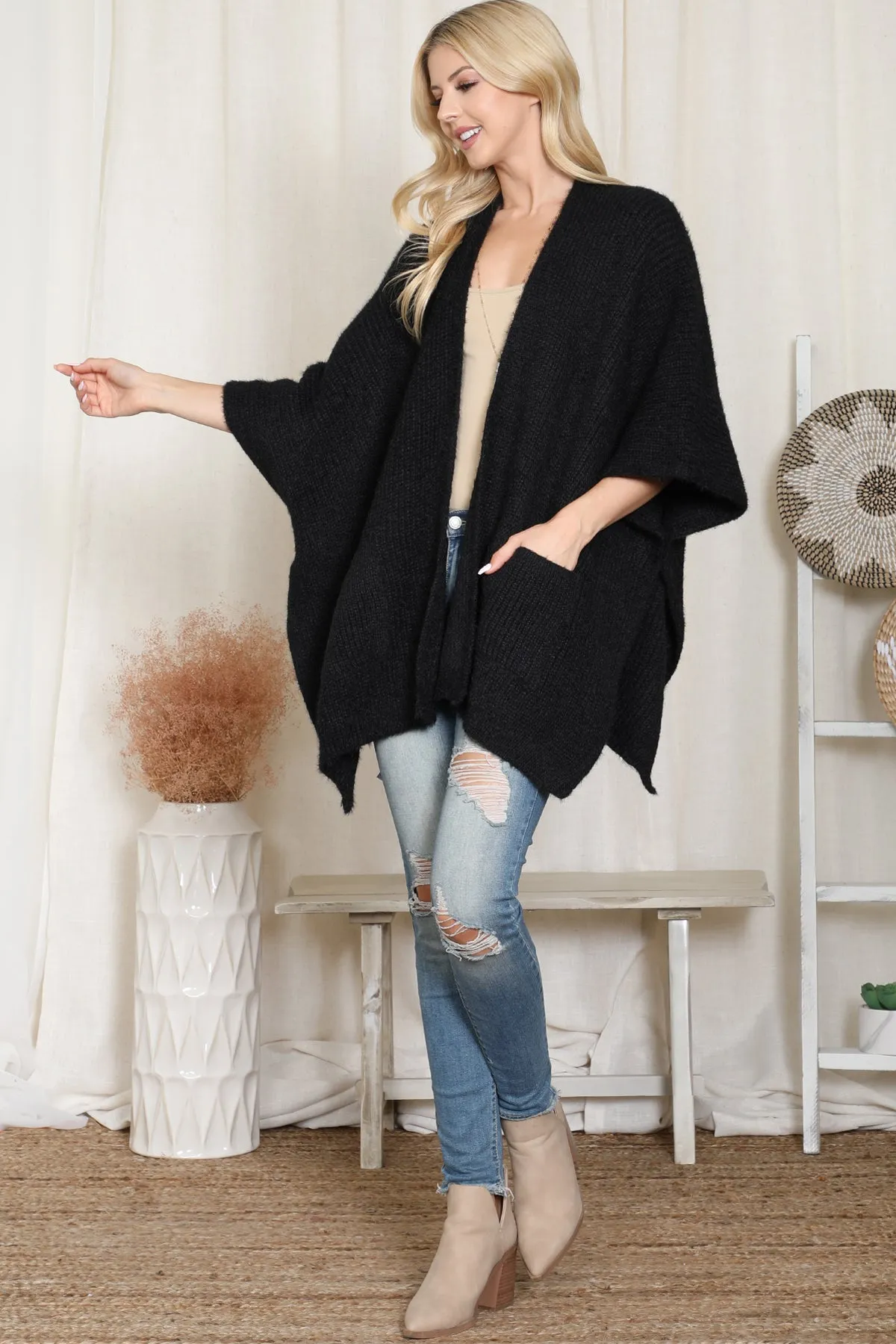 KNITTED SOLID COLOR WITH POCKET KIMONO