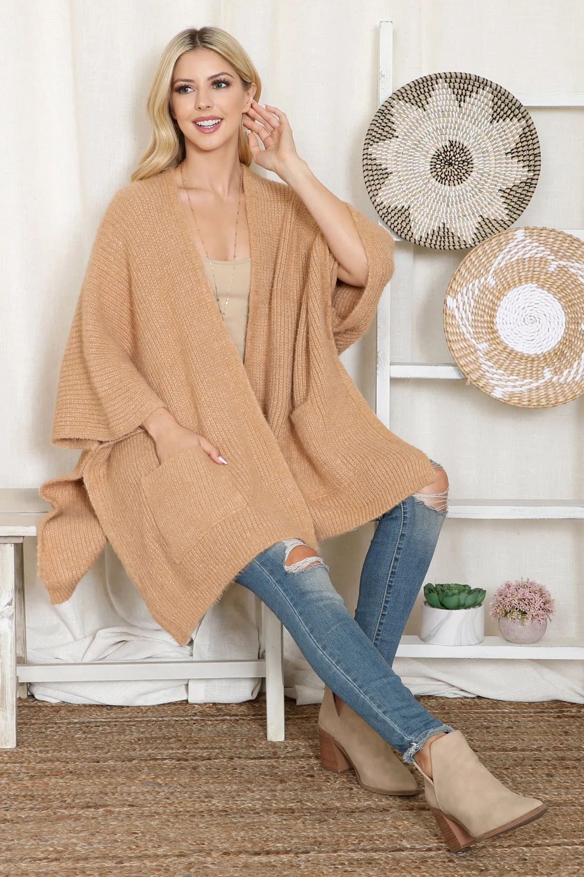 KNITTED SOLID COLOR WITH POCKET KIMONO