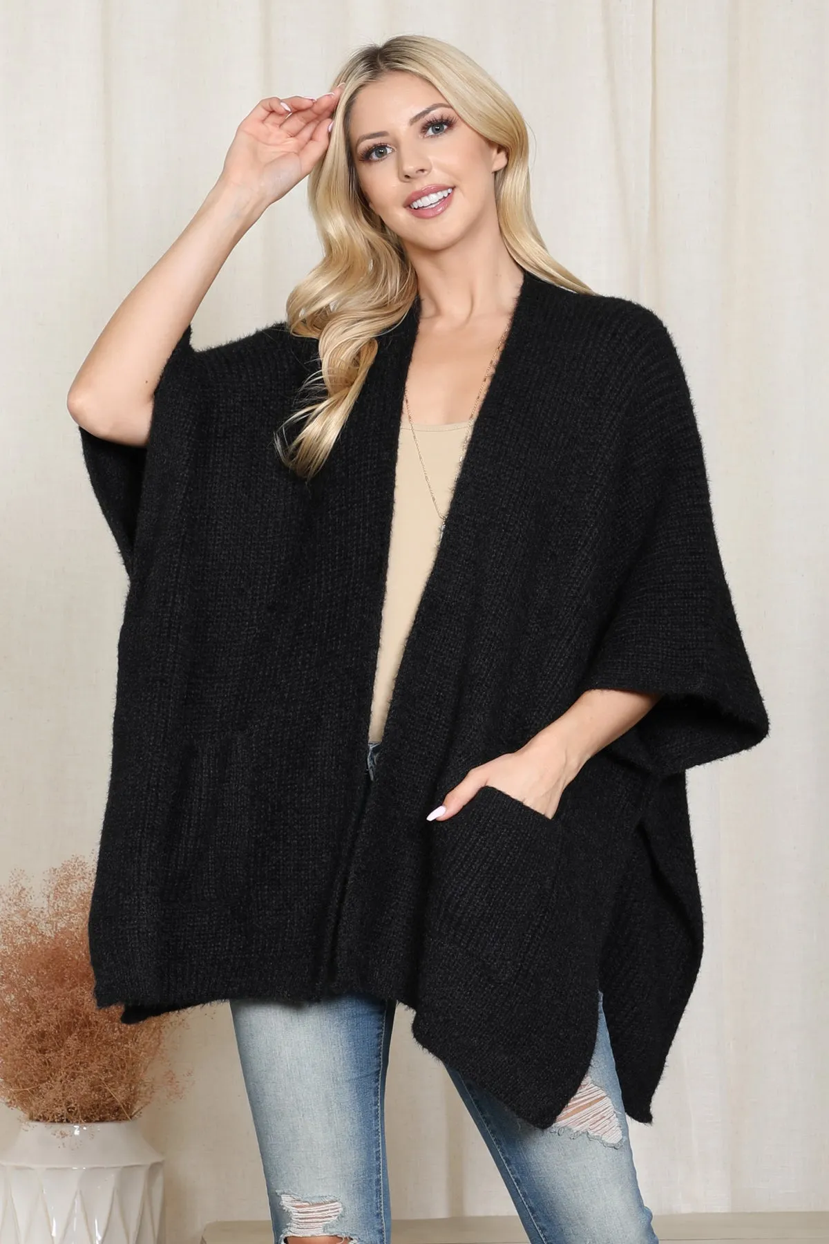 KNITTED SOLID COLOR WITH POCKET KIMONO