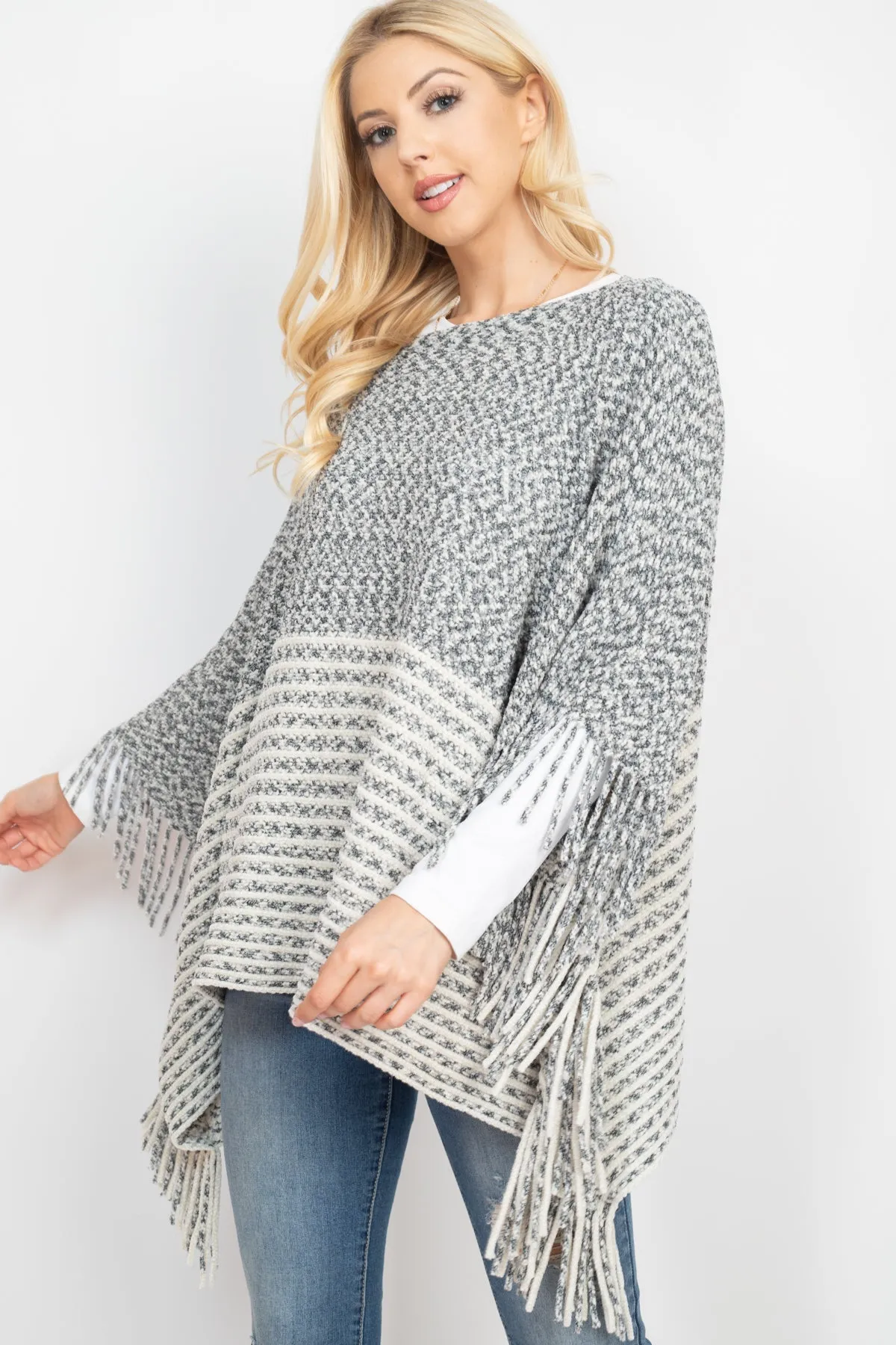 KNITTED TWO TONE STRIPED FRINGE PONCH