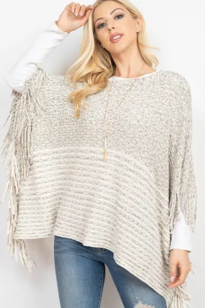 KNITTED TWO TONE STRIPED FRINGE PONCH