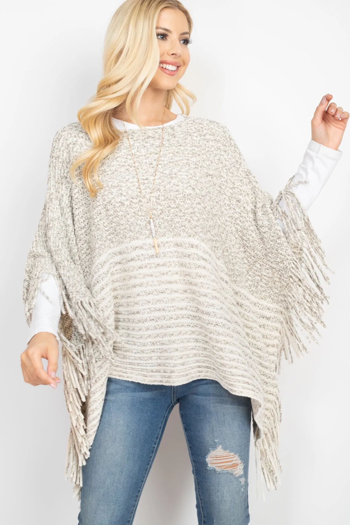 KNITTED TWO TONE STRIPED FRINGE PONCH